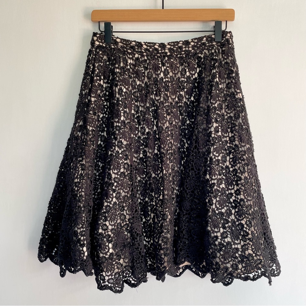 Alice and Olivia Lace Beaded A Line Skirt Black Tan Floral Cotton Womens Size 6